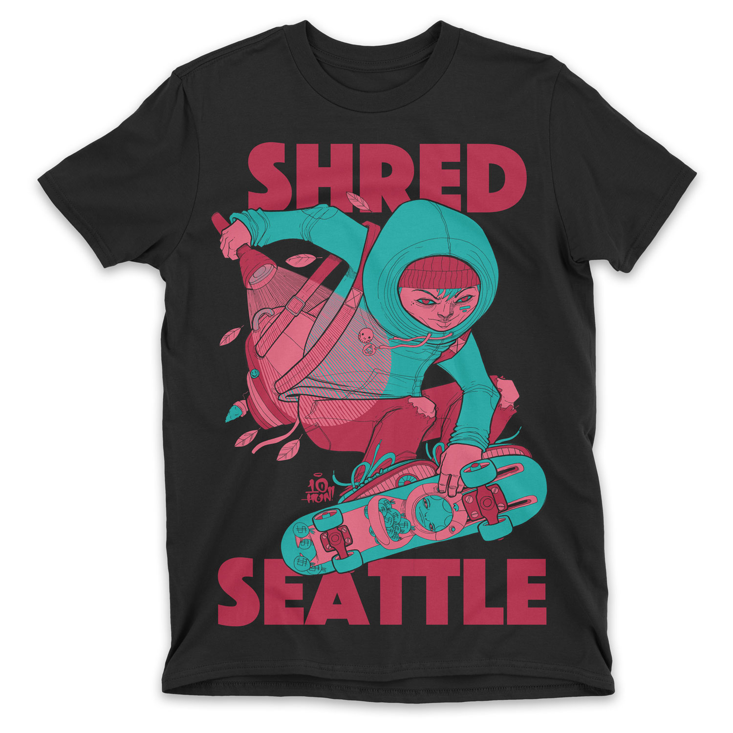 black shirt with a hooded skateboarder and the words Shred Seattle