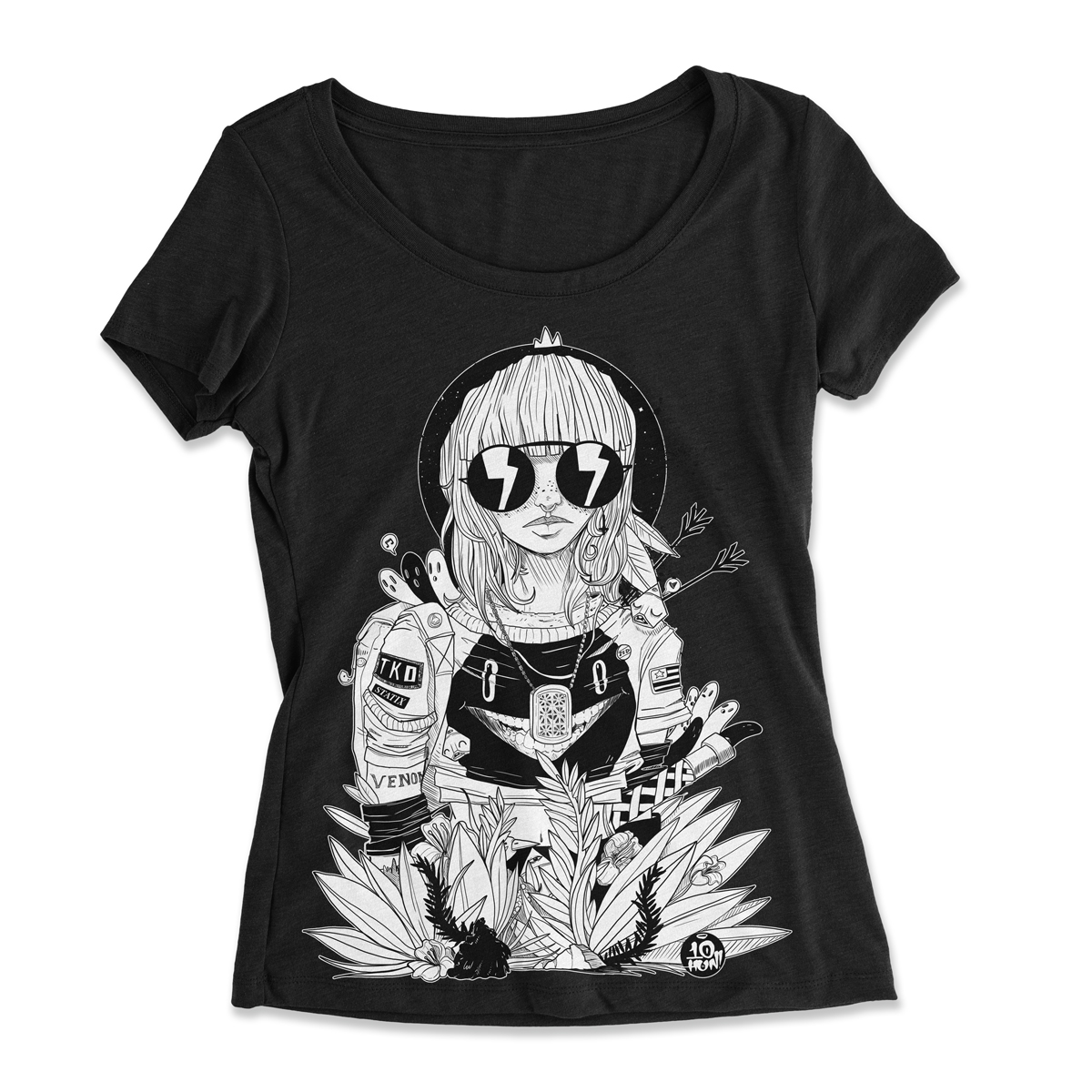 black shirt with a black and white graphic of a space astronaught