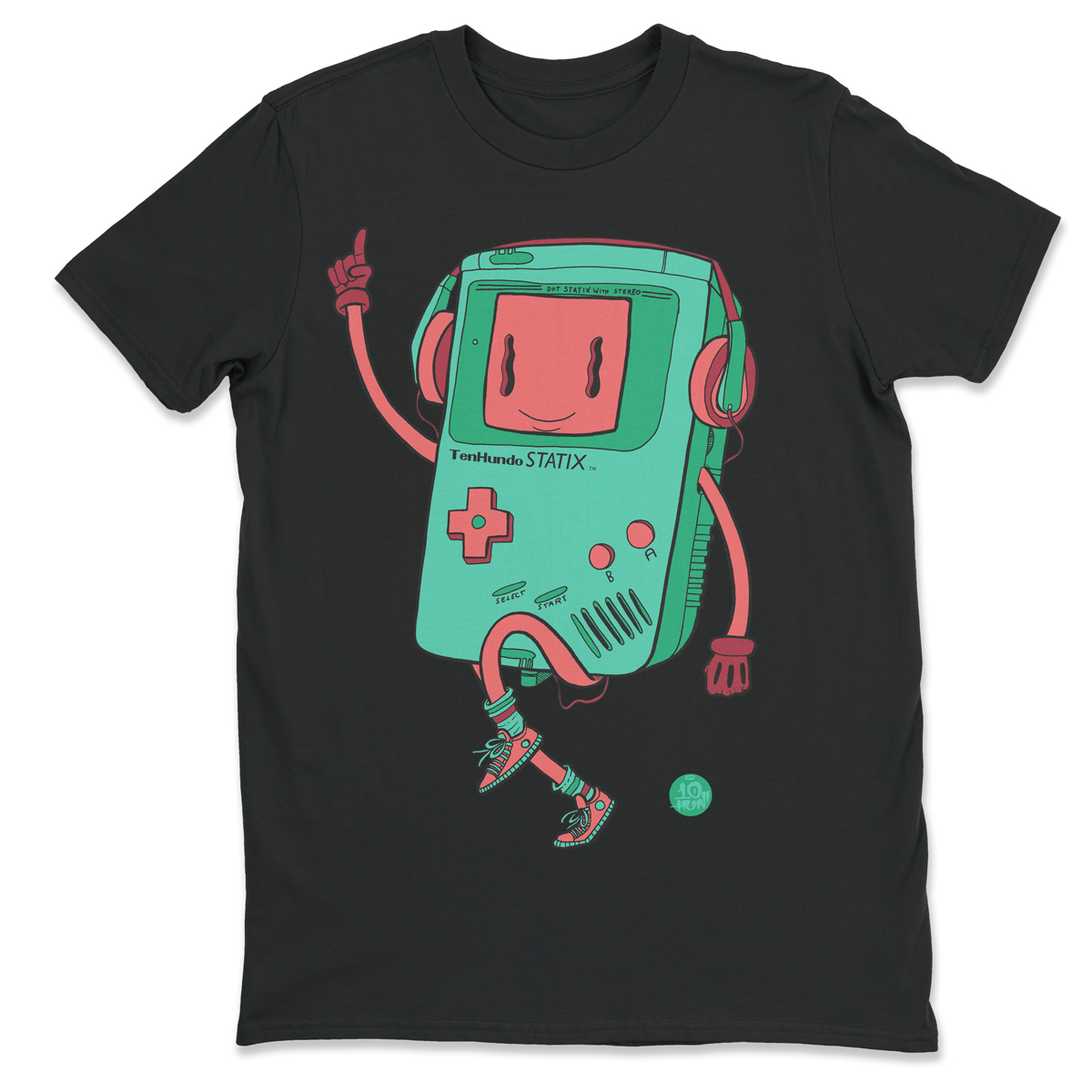 black shirt with a gameboy avatar character mid jump
