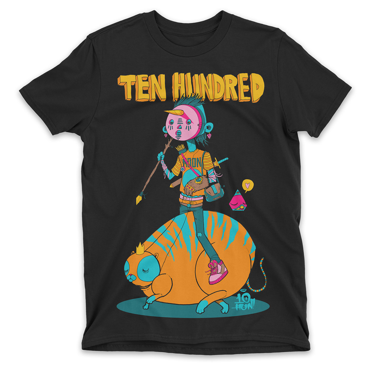 black shirt with a masked warrior riding a cat pig
