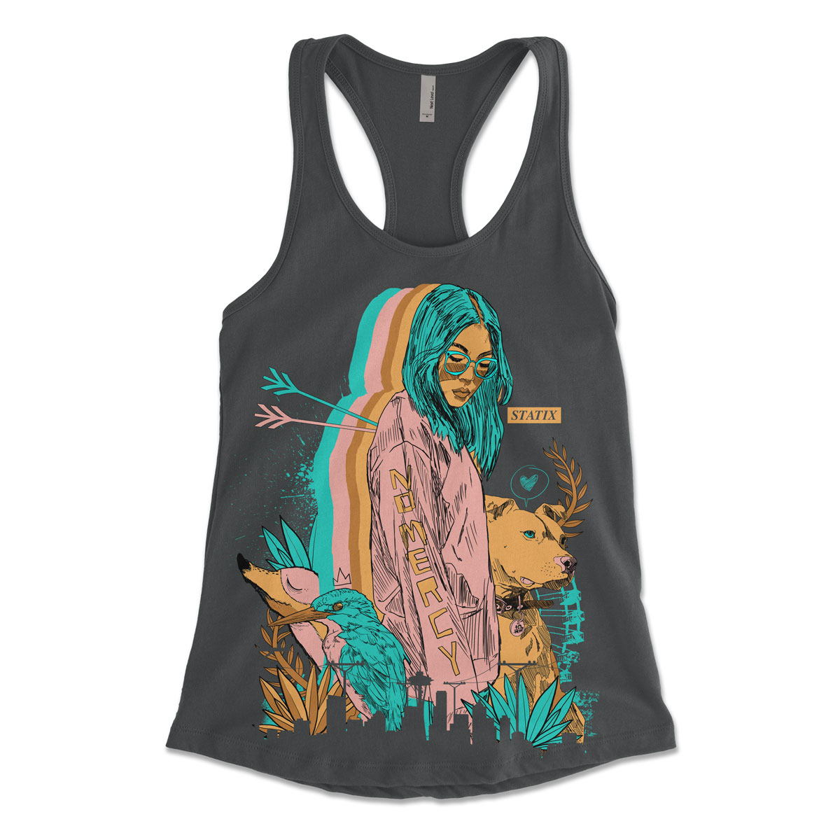 dark gray tank top with of a person with a dog